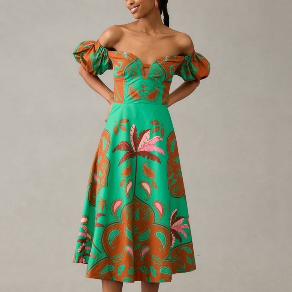 NWT Anthropologie Maeve Puff Sleeve Sweetheart Dress 6 P Petite Green - Picture 2 of 9